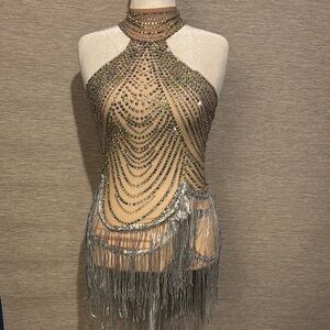 Burlesque Show Girl Silver Beaded Fringe Dance Dress Costume